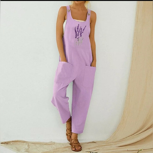 Pants - Wide Leg Cotton Jumpsuit with Lavender Embroidery 🪻
